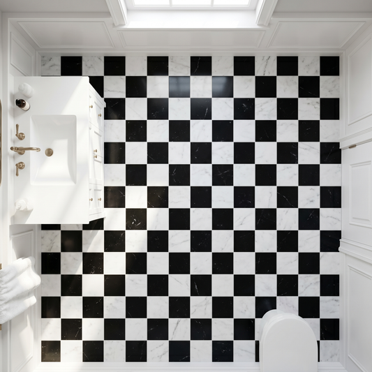 Black and white checkerboard marble mosaic - bathroom floor