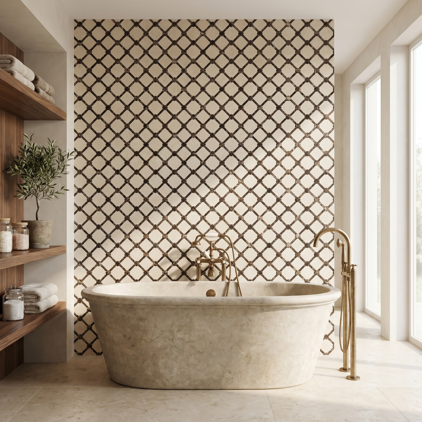 Crema Marfil and Dark Emperador knotted lattice marble mosaic - bathroom feature wall
