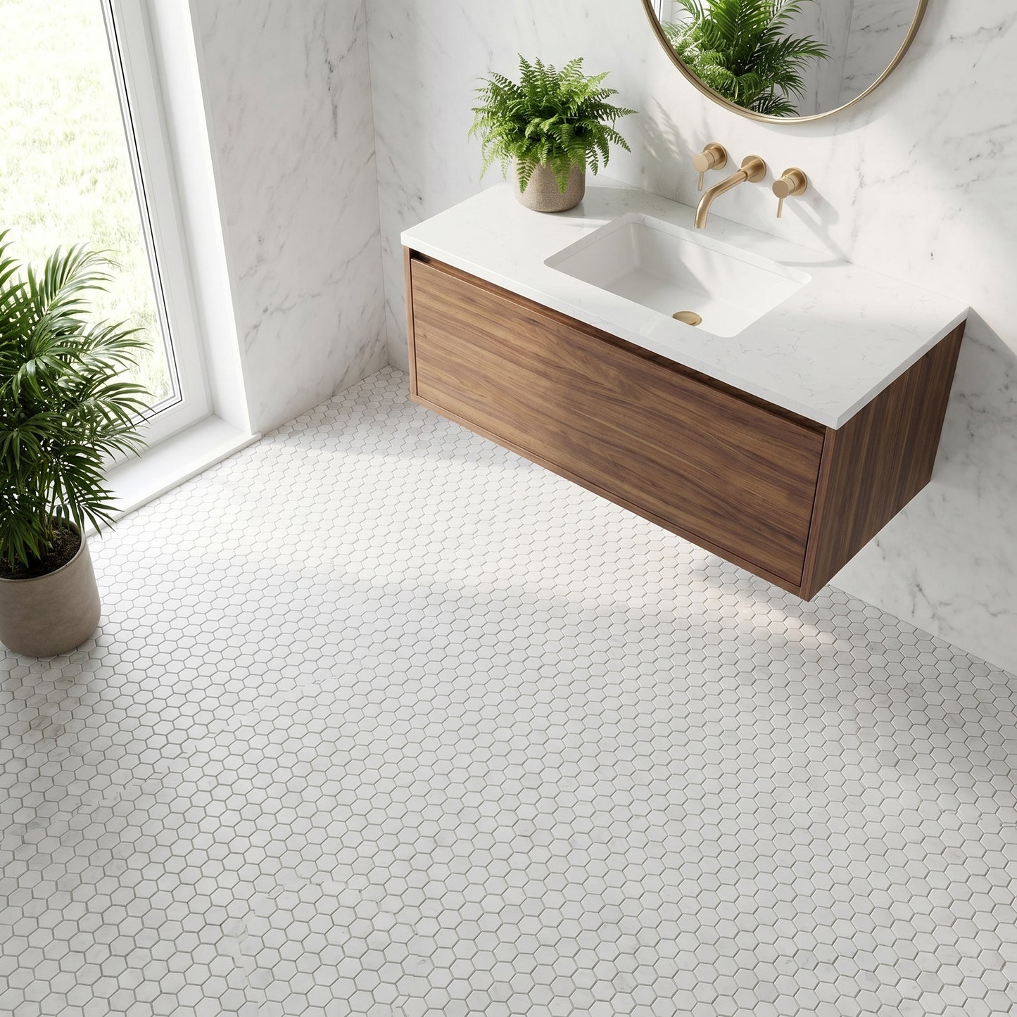 Oriental White honed 1 inch hexagon marble mosaic - bathroom floor