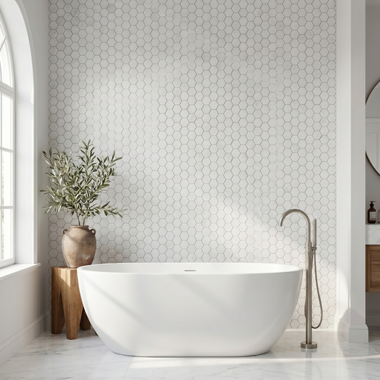 Oriental White honed 2 inch hexagon marble mosaic - bathroom feature wall