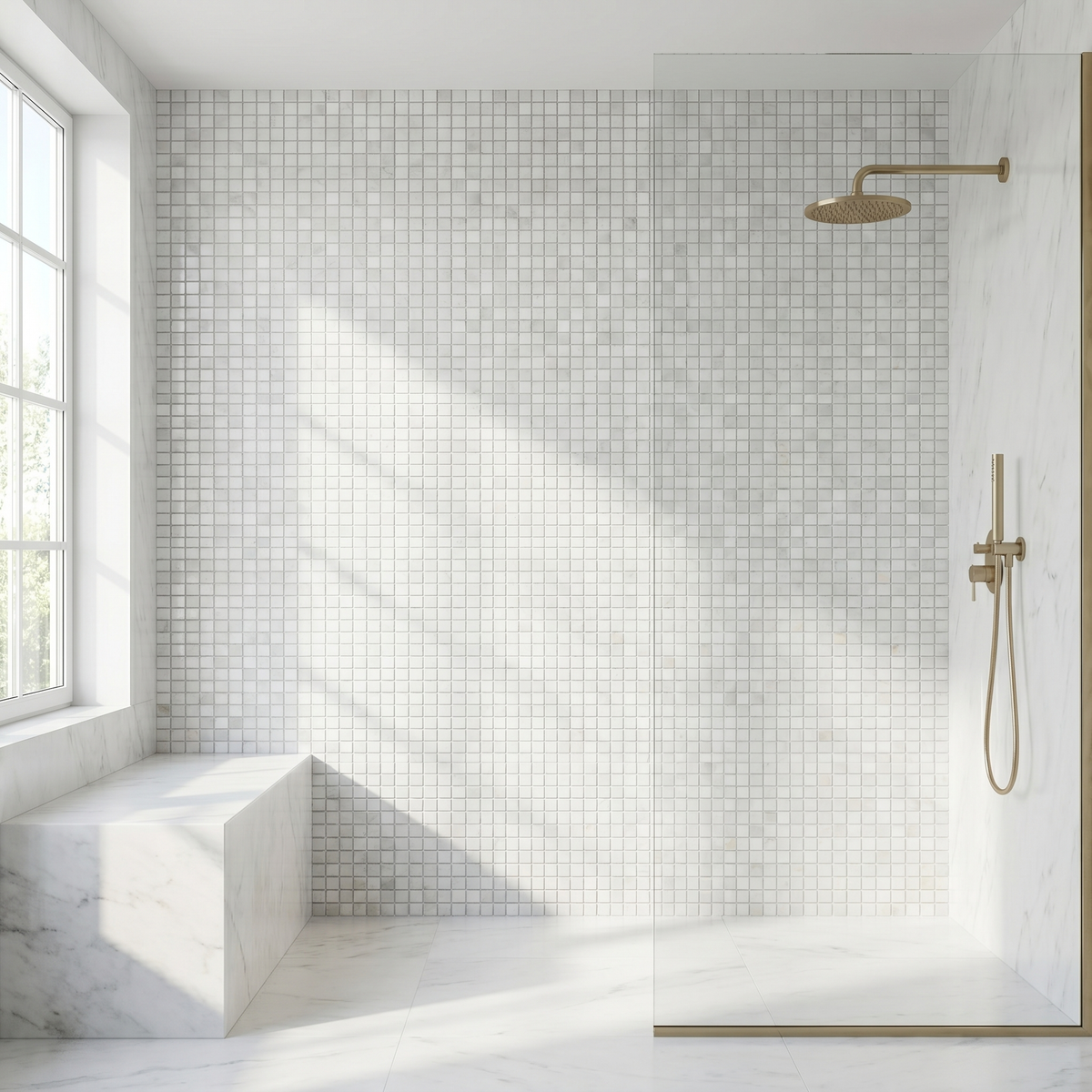 Oriental White polished 1x1 marble mosaic - walk-in shower wall