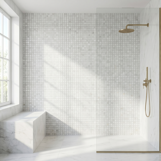 Oriental White polished 1x1 marble mosaic - walk-in shower wall