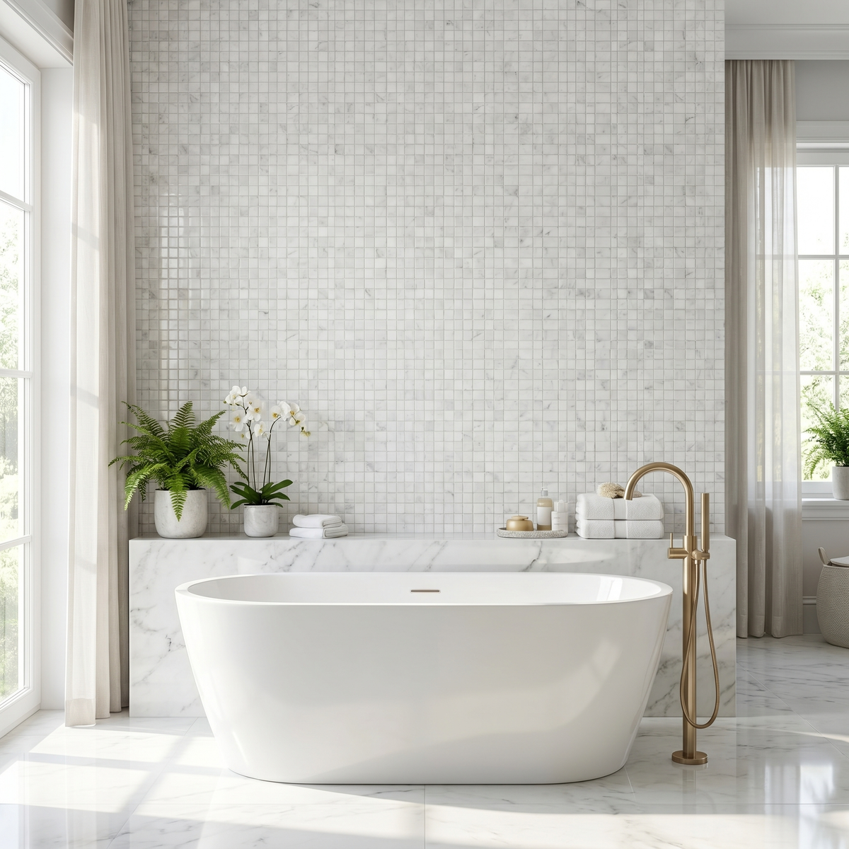 Oriental White polished 2x2 marble mosaic - bathroom feature wall