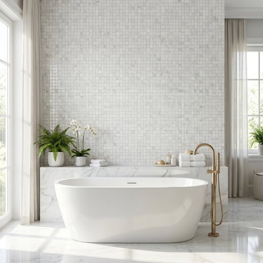 Oriental White polished 2x2 marble mosaic - bathroom feature wall