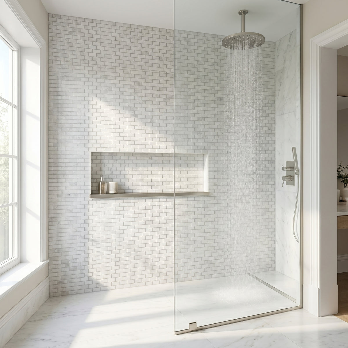 Oriental White polished mini brick marble mosaic - walk-in shower wall