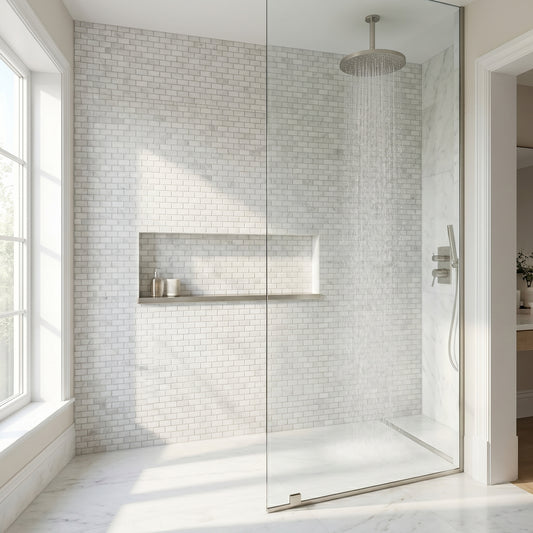 Oriental White polished mini brick marble mosaic - walk-in shower wall