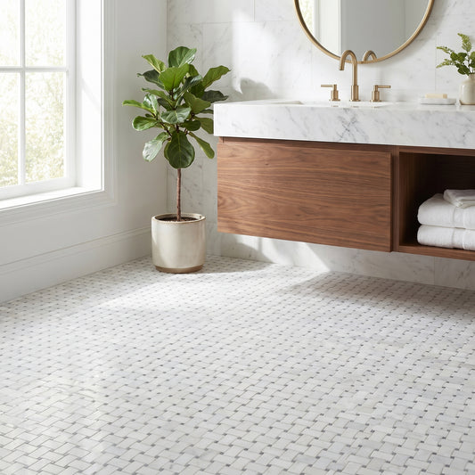 Oriental White basket weave with Bardiglio grey dots marble mosaic - bathroom floor