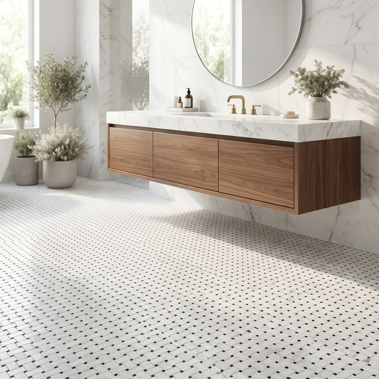 Oriental White basket weave with black dots marble mosaic - bathroom floor