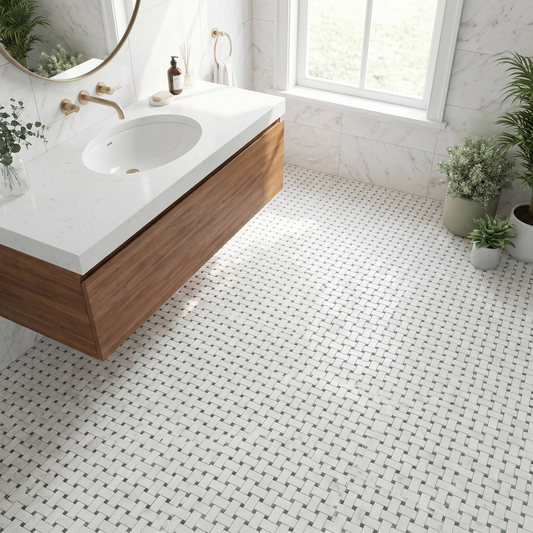 Oriental White basket weave with Ming green dots marble mosaic - bathroom floor