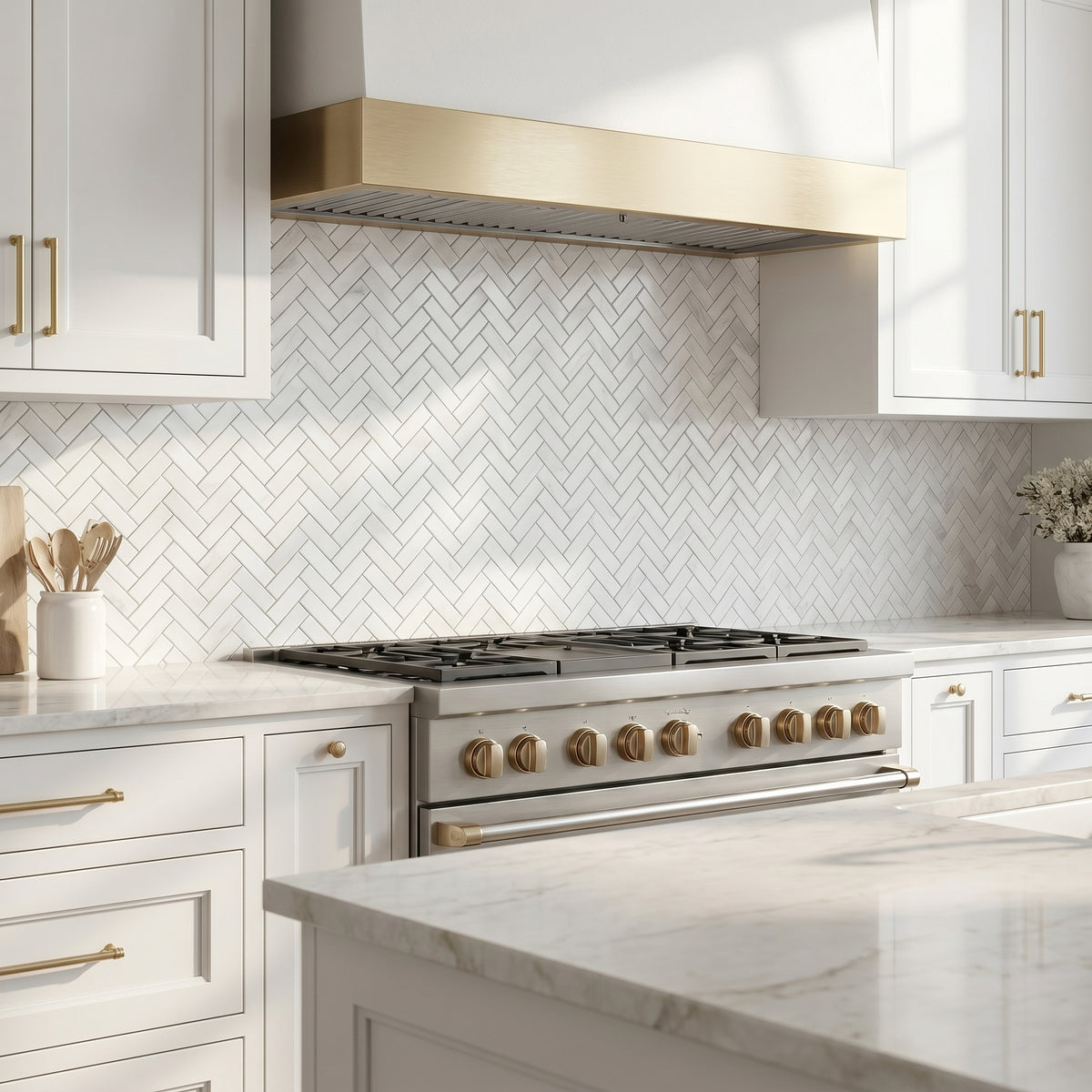 Oriental White herringbone marble mosaic - kitchen backsplash