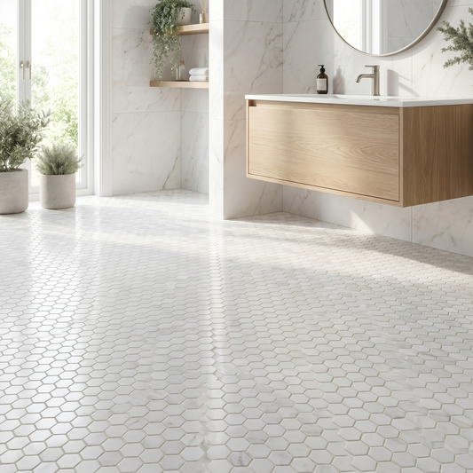 Oriental White polished 1 inch hexagon marble mosaic - bathroom floor