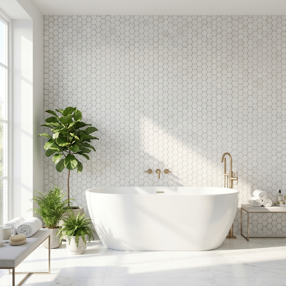 Oriental White polished 2 inch hexagon marble mosaic - bathroom feature wall