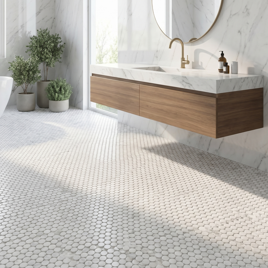 Oriental White penny round marble mosaic - bathroom floor