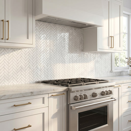 Thassos polished herringbone marble mosaic - kitchen backsplash