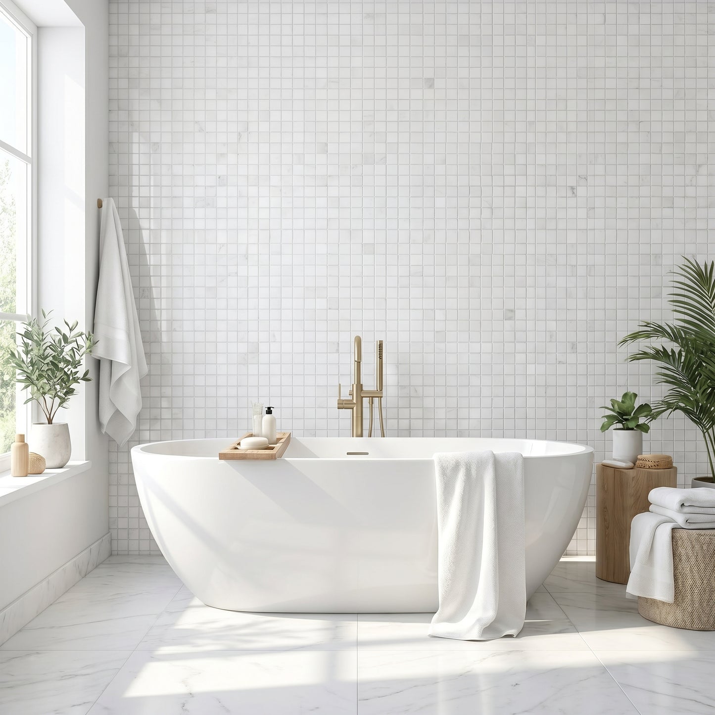 Thassos polished 2x2 marble mosaic - bathroom feature wall