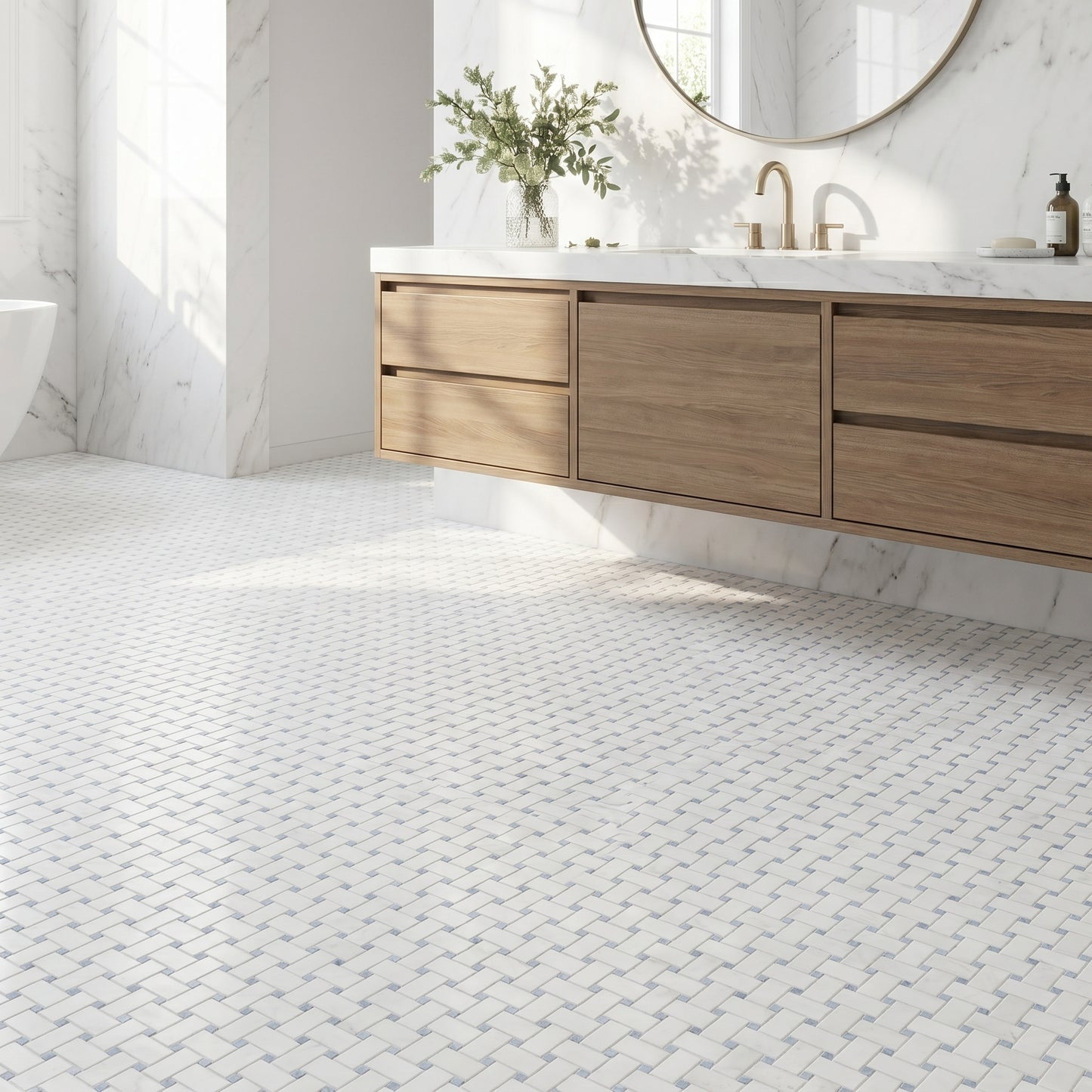 Thassos basket weave with Blue Celeste dots marble mosaic - bathroom floor
