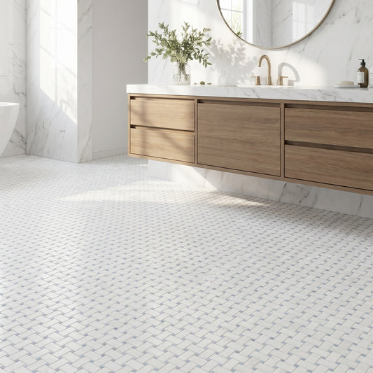 Thassos basket weave with Blue Celeste dots marble mosaic - bathroom floor