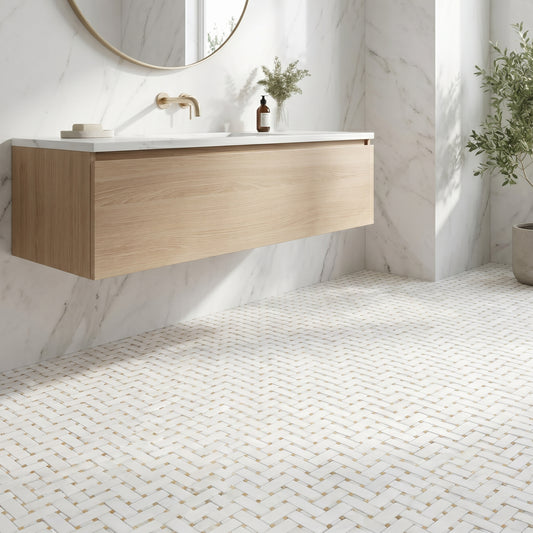 Thassos basket weave with Honey Onyx dots marble mosaic - bathroom floor