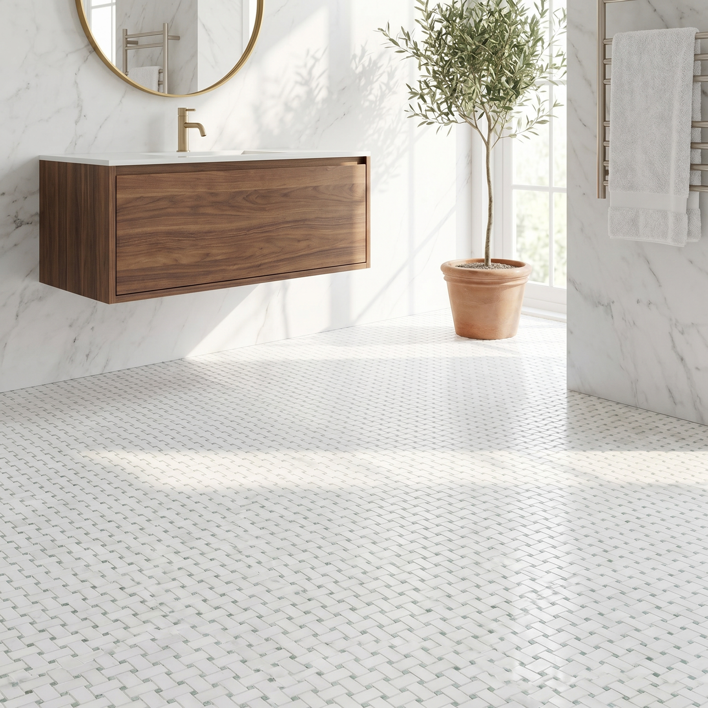 Thassos basket weave with Ming green dots marble mosaic - bathroom floor