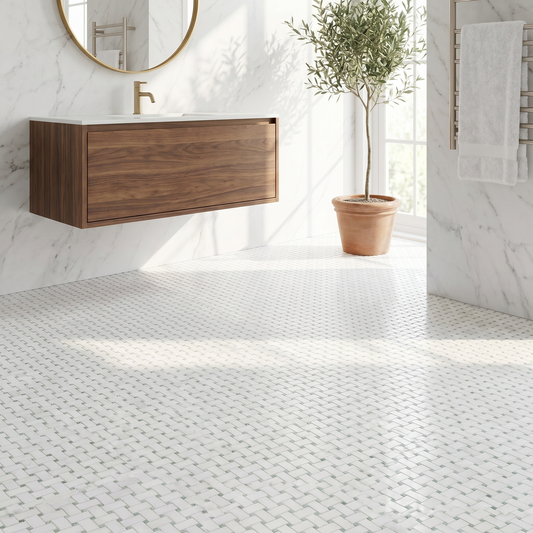 Thassos basket weave with Ming green dots marble mosaic - bathroom floor