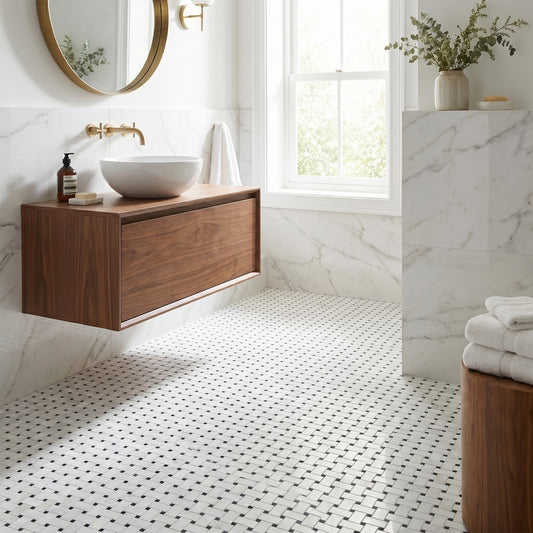 Thassos basket weave with black dots marble mosaic - bathroom floor