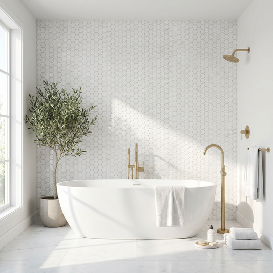 Thassos polished 2 inch hexagon marble mosaic - bathroom feature wall