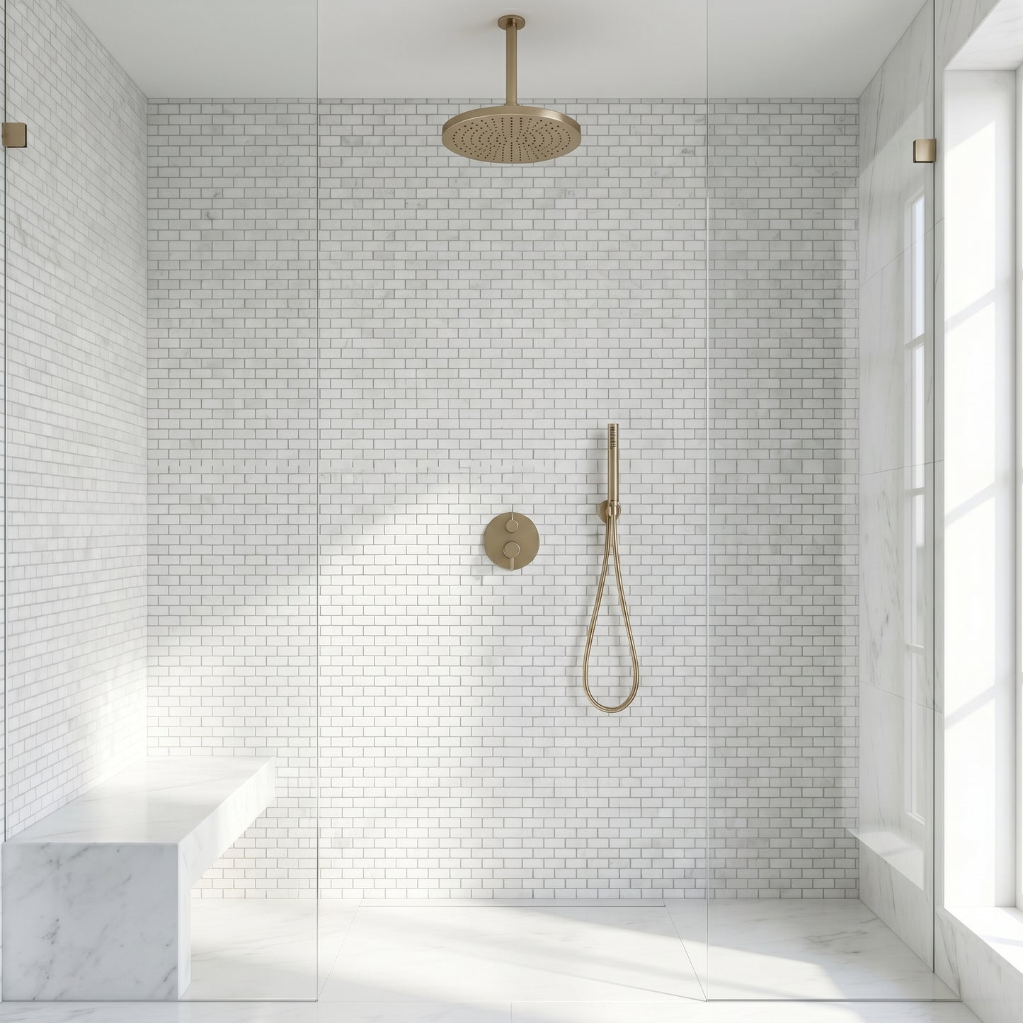 Thassos mini brick marble mosaic - walk-in shower wall