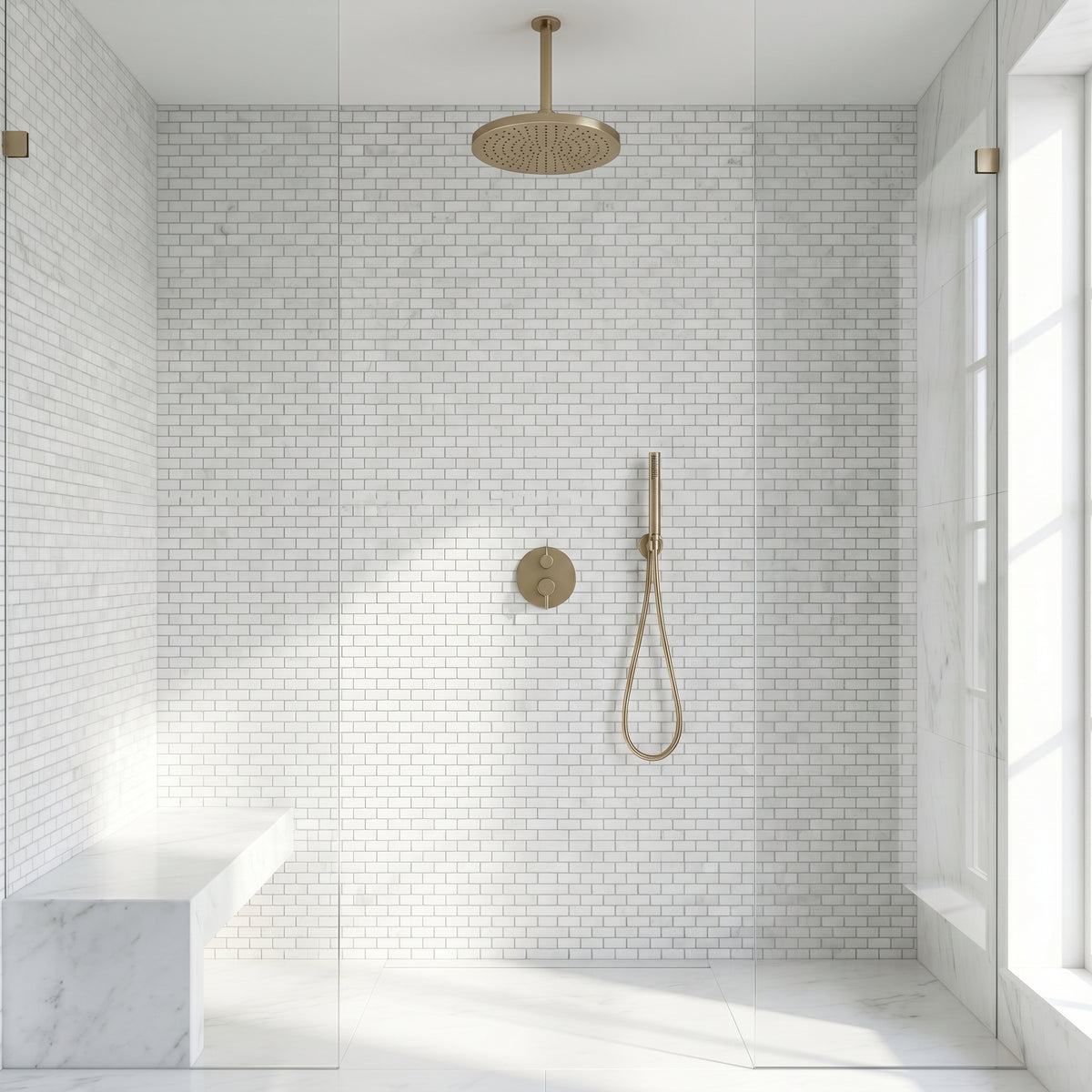 Thassos mini brick marble mosaic - walk-in shower wall