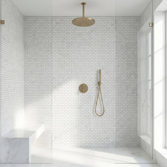 Thassos mini brick marble mosaic - walk-in shower wall