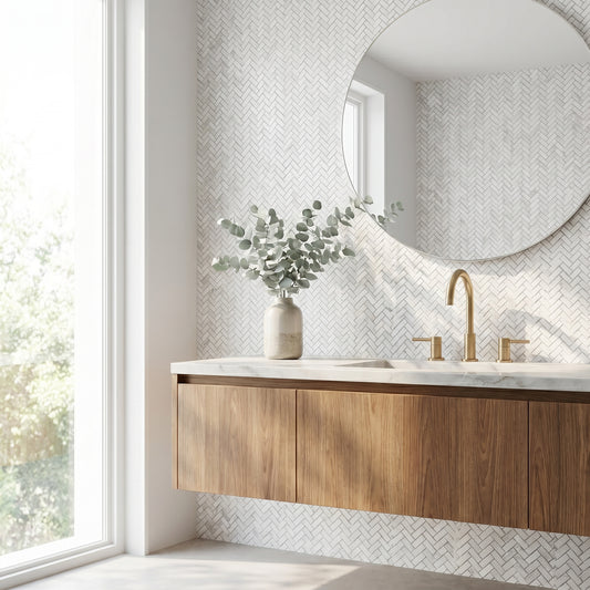 Thassos mini herringbone marble mosaic - bathroom vanity backsplash