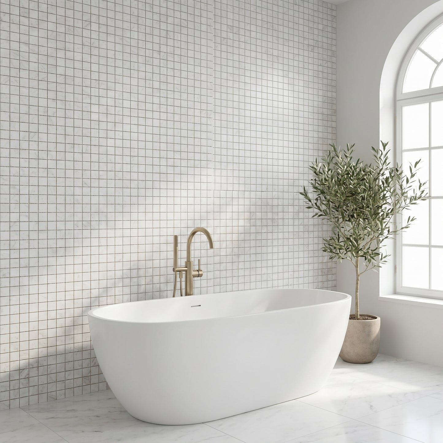 White Carrara honed 2x2 marble mosaic - bathroom feature wall