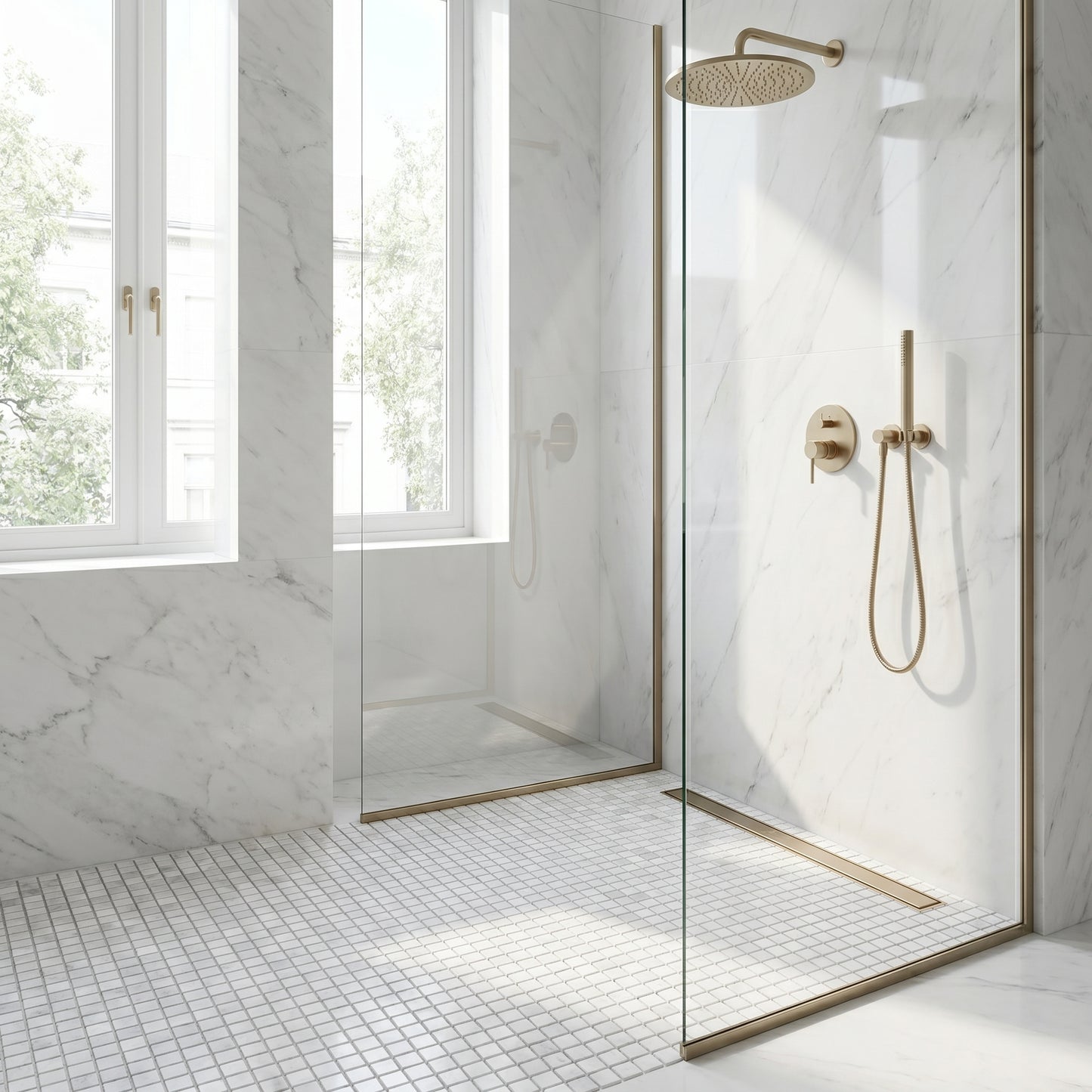 White Carrara honed 5/8 marble mosaic - walk-in shower floor