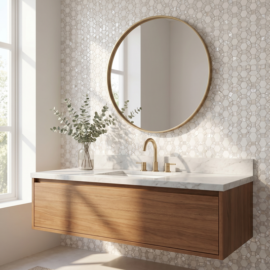 Sunflower waterjet Thassos and mother of pearl mosaic - bathroom vanity backsplash