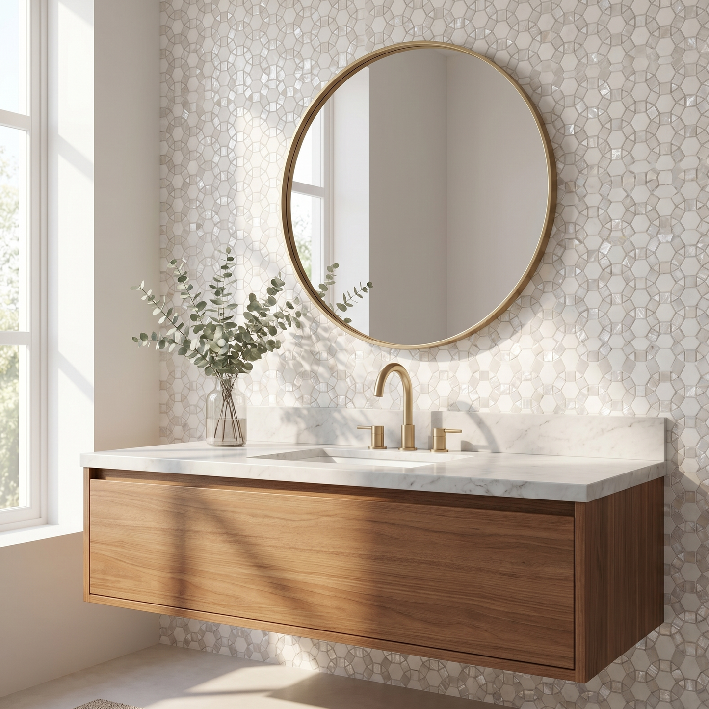 Sunflower waterjet Thassos and mother of pearl mosaic - bathroom vanity backsplash