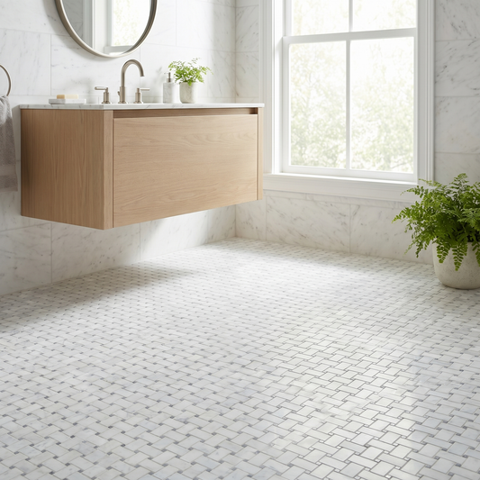 White Carrara honed basket weave with Bardiglio grey dots marble mosaic - bathroom floor