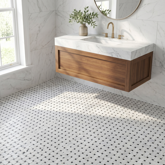 White Carrara honed basket weave with black dots marble mosaic - bathroom floor