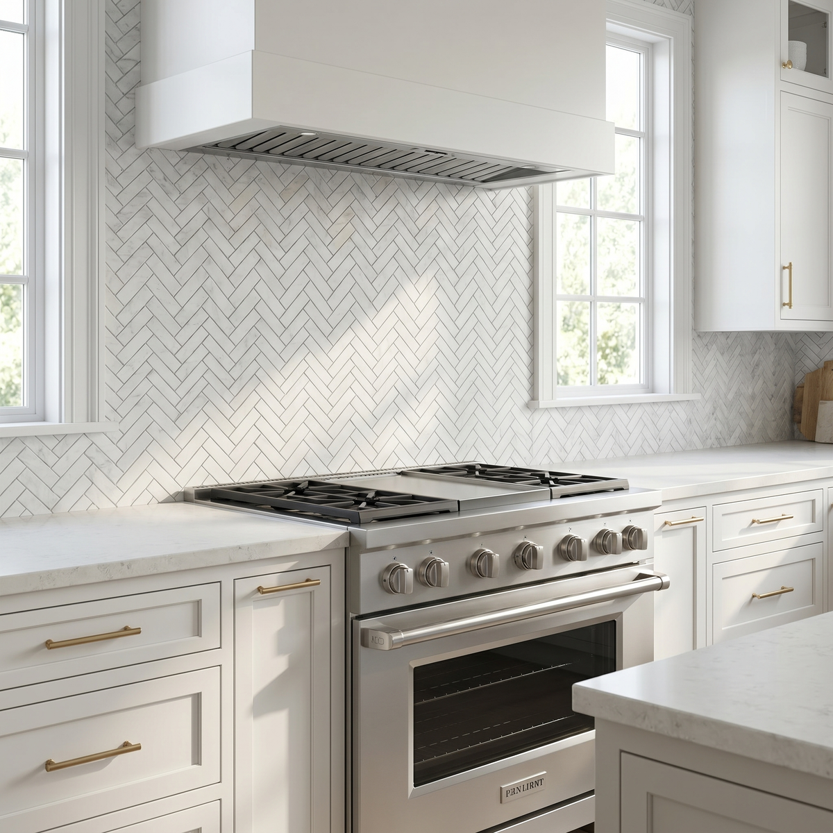 White Carrara honed herringbone marble mosaic - kitchen backsplash