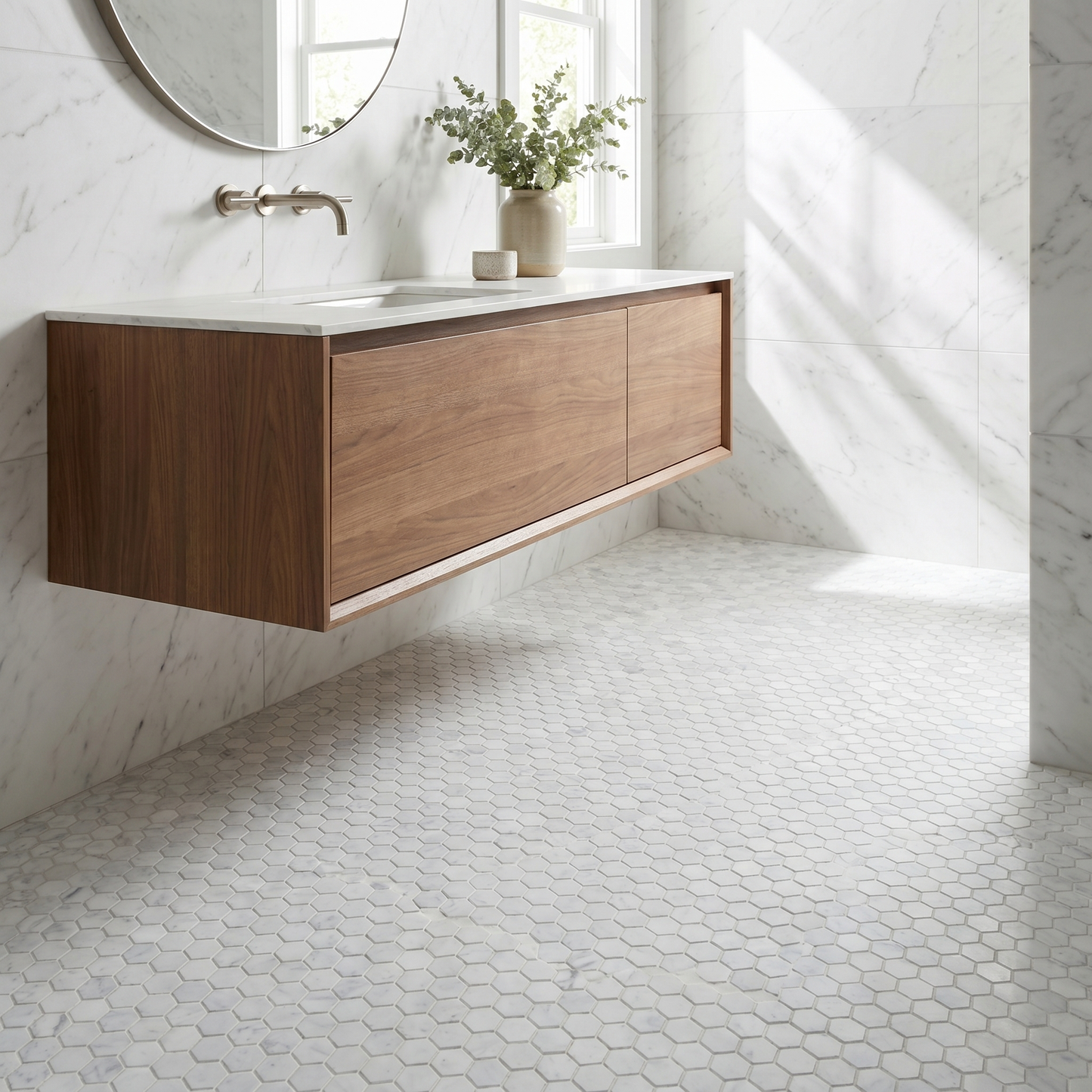 White Carrara honed 1 inch hexagon marble mosaic - bathroom floor