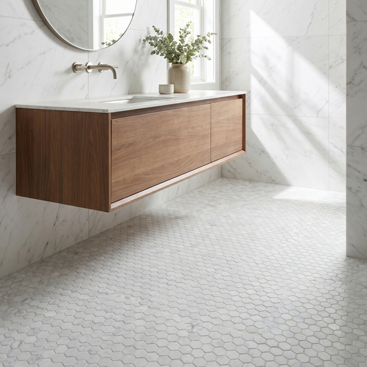 White Carrara honed 1 inch hexagon marble mosaic - bathroom floor