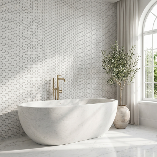 White Carrara honed 2 inch hexagon marble mosaic - bathroom feature wall