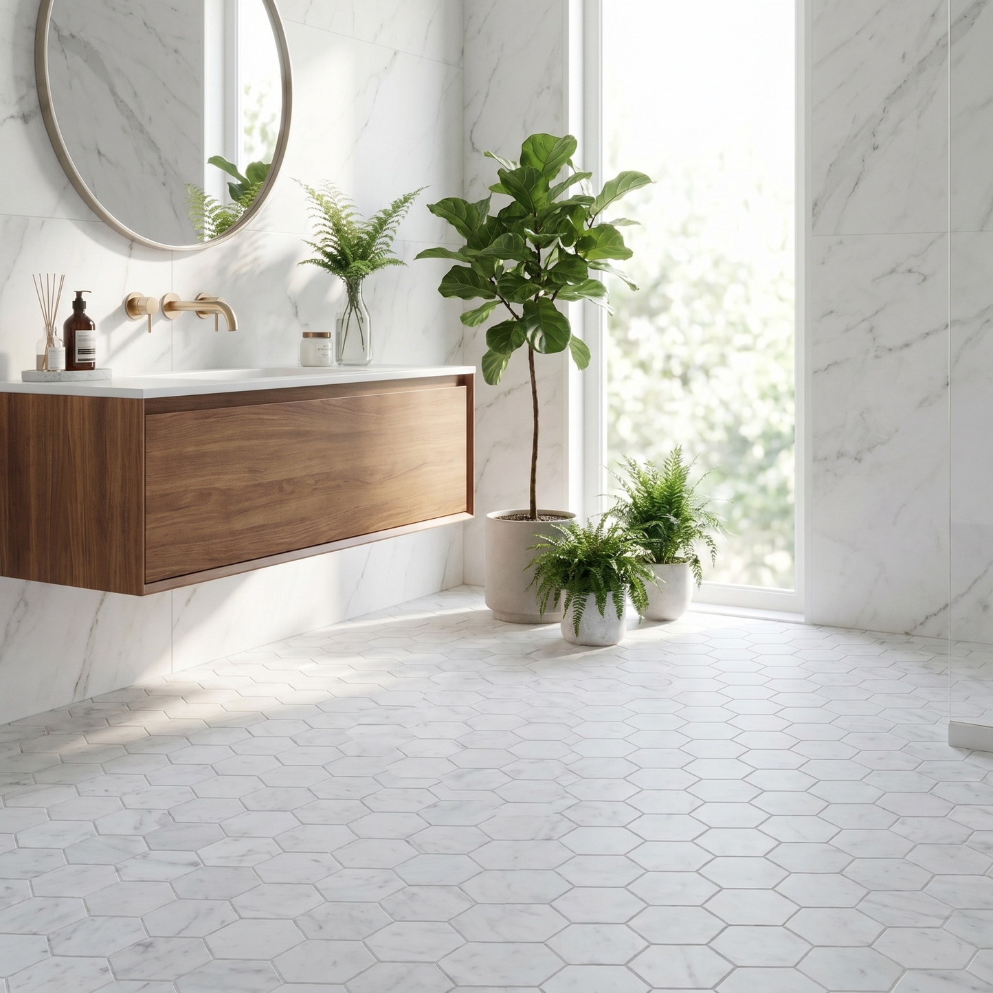 White Carrara honed 3 inch hexagon marble mosaic - bathroom floor