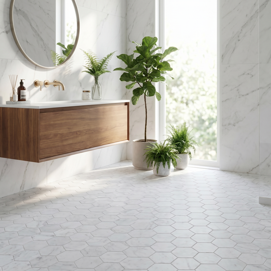 White Carrara honed 3 inch hexagon marble mosaic - bathroom floor