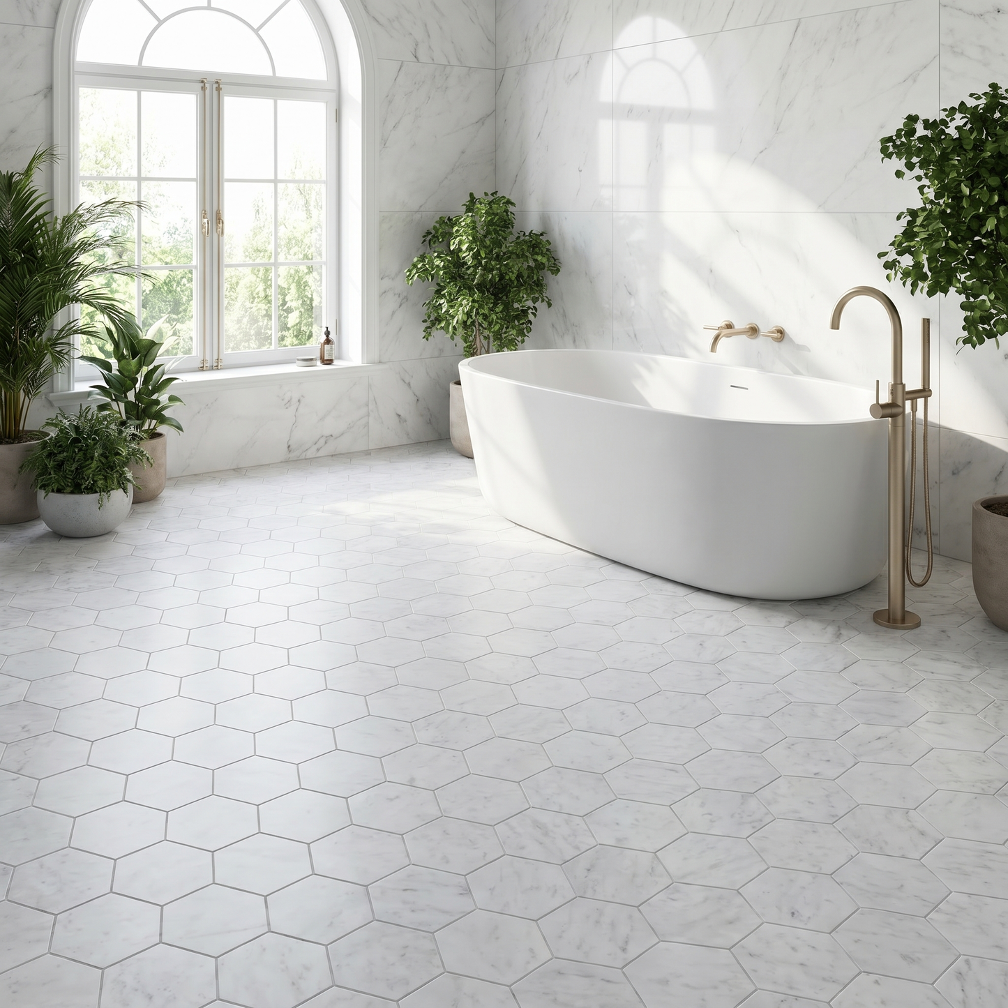White Carrara honed 5 inch hexagon marble mosaic - bathroom floor
