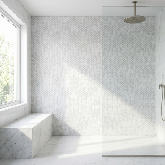 White Carrara honed mini herringbone marble mosaic - walk-in shower wall
