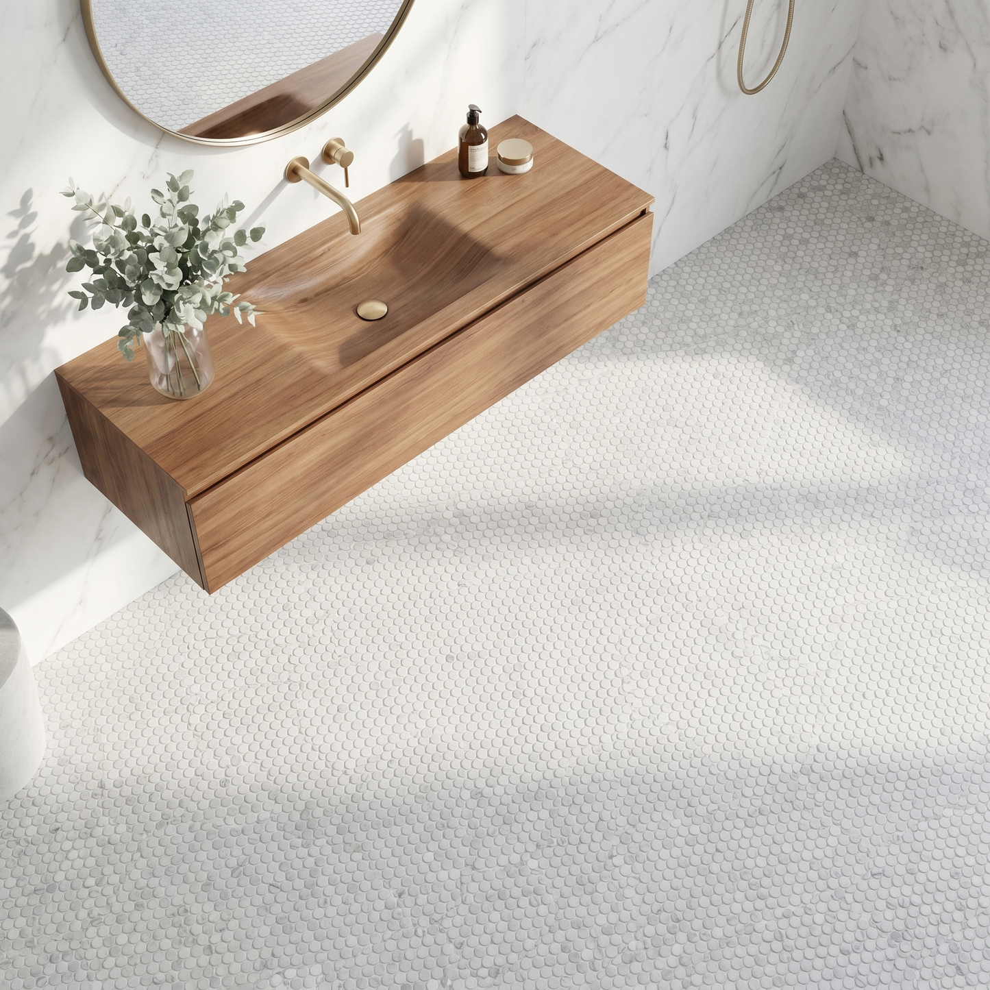 White Carrara honed penny round marble mosaic - bathroom floor