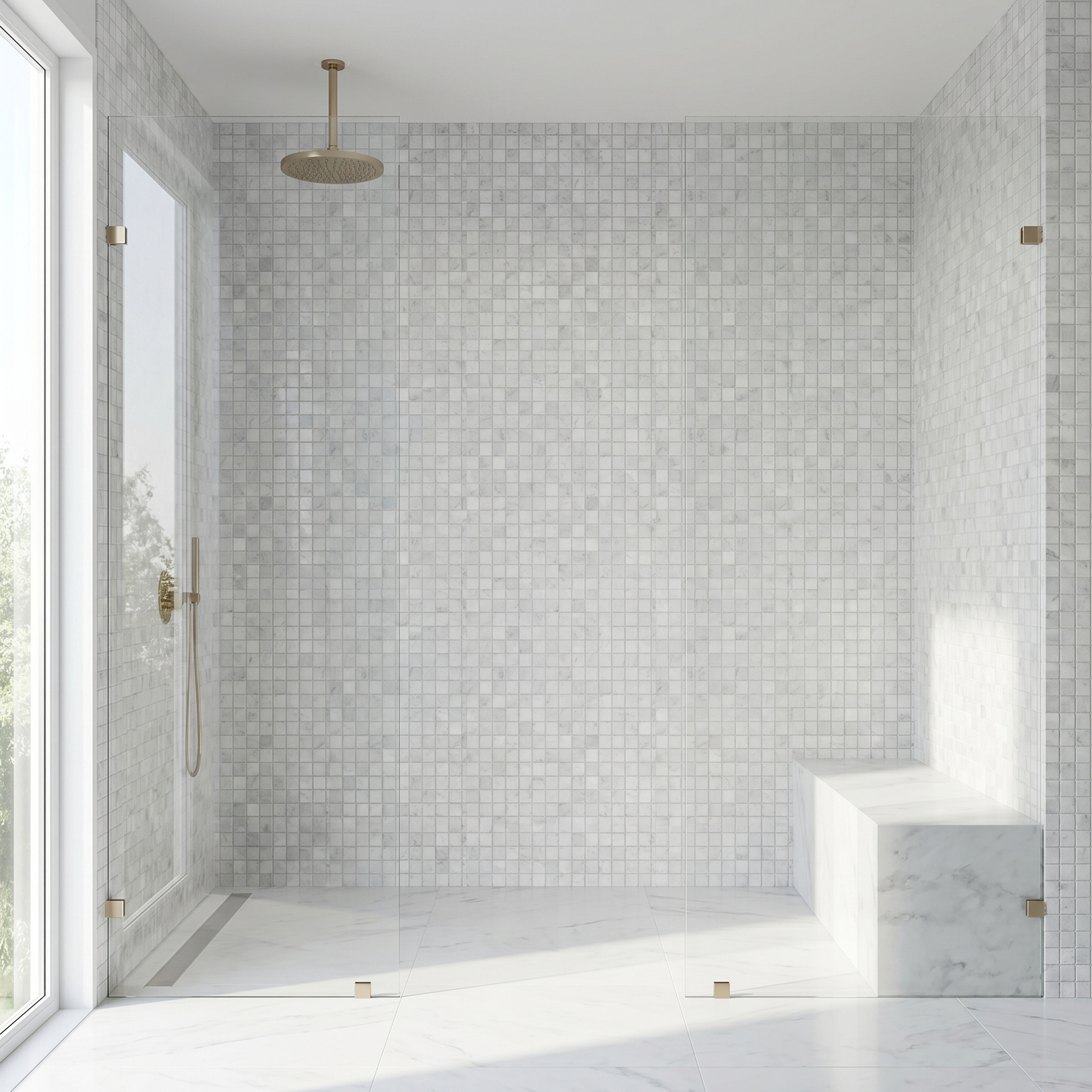 White Carrara polished 1x1 marble mosaic - walk-in shower wall