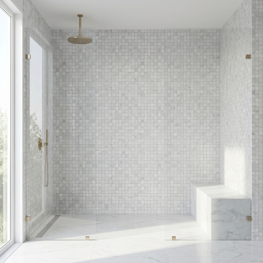 White Carrara polished 1x1 marble mosaic - walk-in shower wall