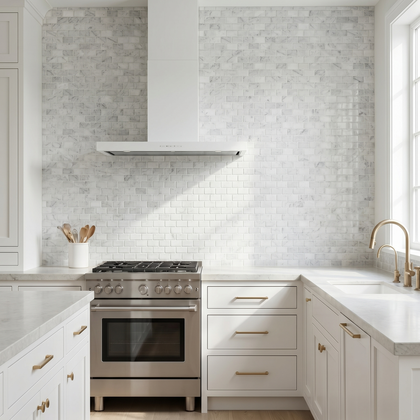 White Carrara polished 2x4 marble mosaic - kitchen backsplash