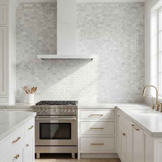 White Carrara polished 2x4 marble mosaic - kitchen backsplash