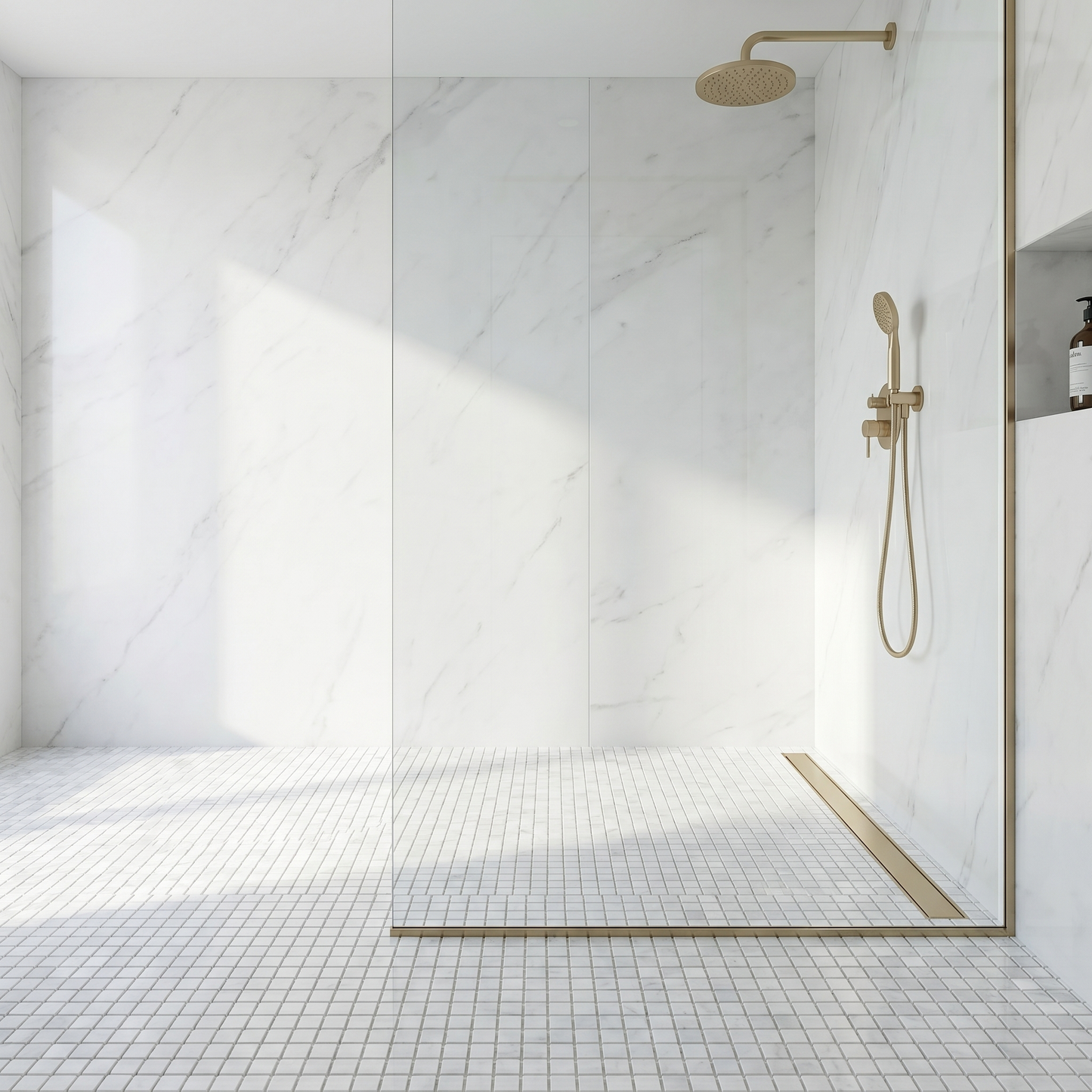 White Carrara polished 5/8 marble mosaic - walk-in shower floor